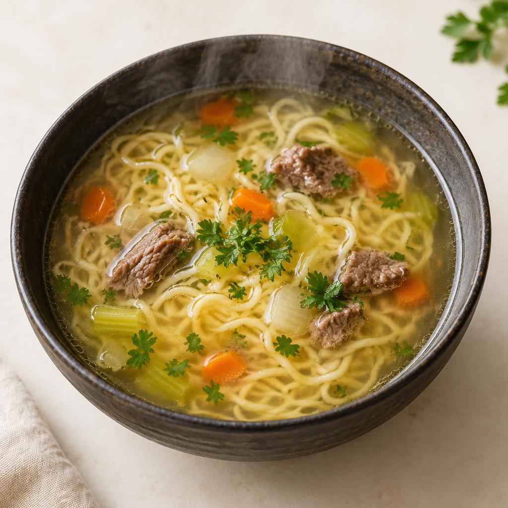 Tigela de macarrão LUGUI estilo noodles em caldo leve, quente e fumegante